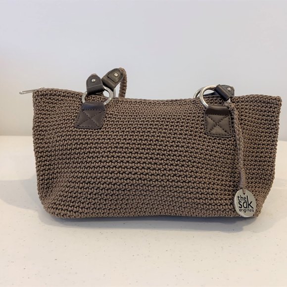 Saks Taupe Brown Crochet Shoulder Bag Tote - Picture 4 of 14